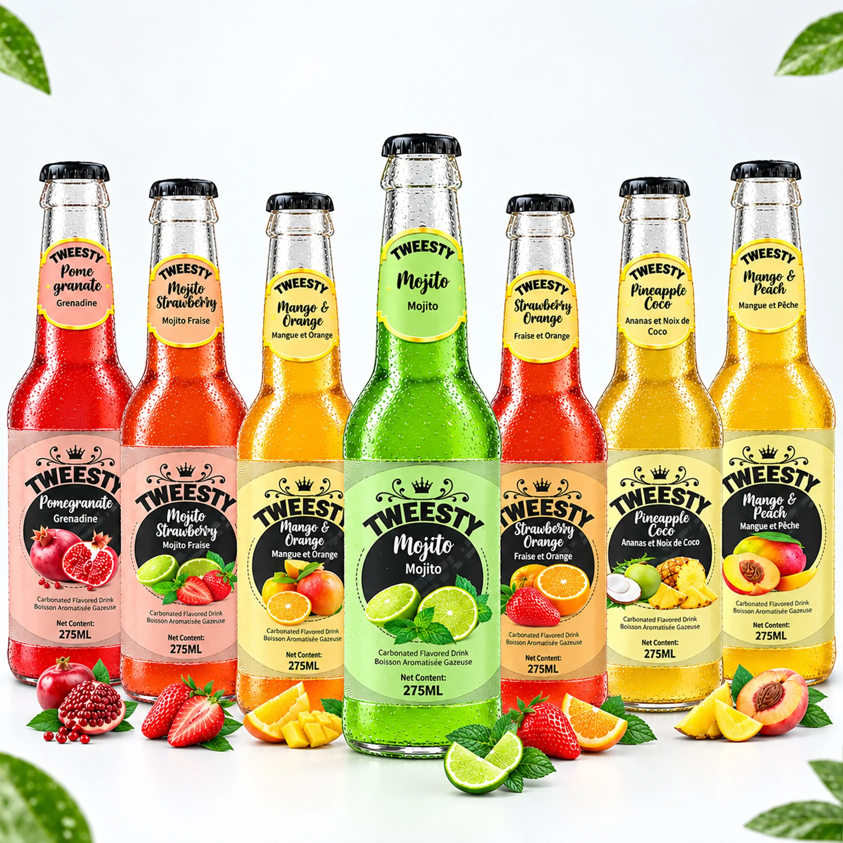 TWEESTY assorted carbonated flavoured drinks in Pomegranate, Mojito Strawberry, Mango Orange, Mojito, Strawberry Orange, Pineapple Coco and Mango Peach flavours, 285ml glass bottles
